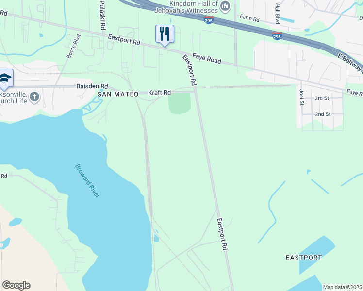 map of restaurants, bars, coffee shops, grocery stores, and more near 1800-3422 Eastport Road in Jacksonville