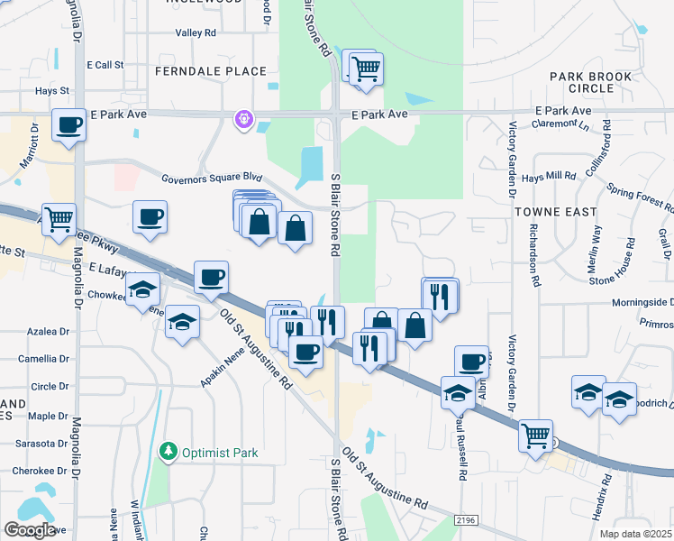 map of restaurants, bars, coffee shops, grocery stores, and more near South Blairstone Road in Tallahassee