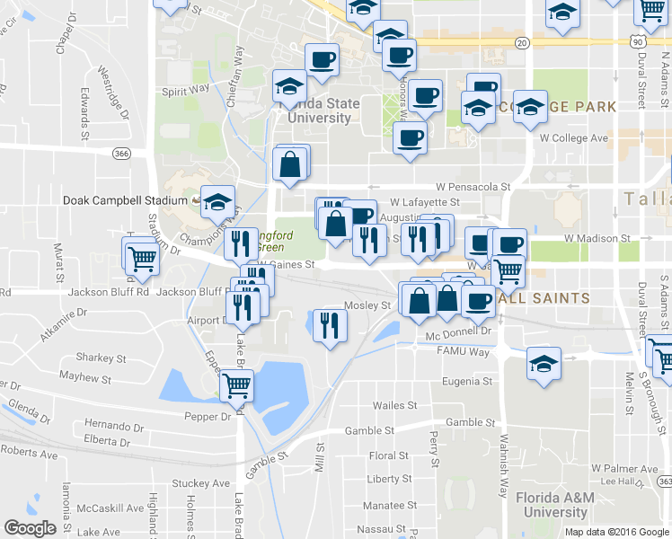 map of restaurants, bars, coffee shops, grocery stores, and more near 805 West Gaines Street in Tallahassee