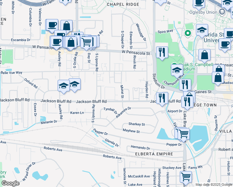 map of restaurants, bars, coffee shops, grocery stores, and more near 1832 Jackson Bluff Road in Tallahassee