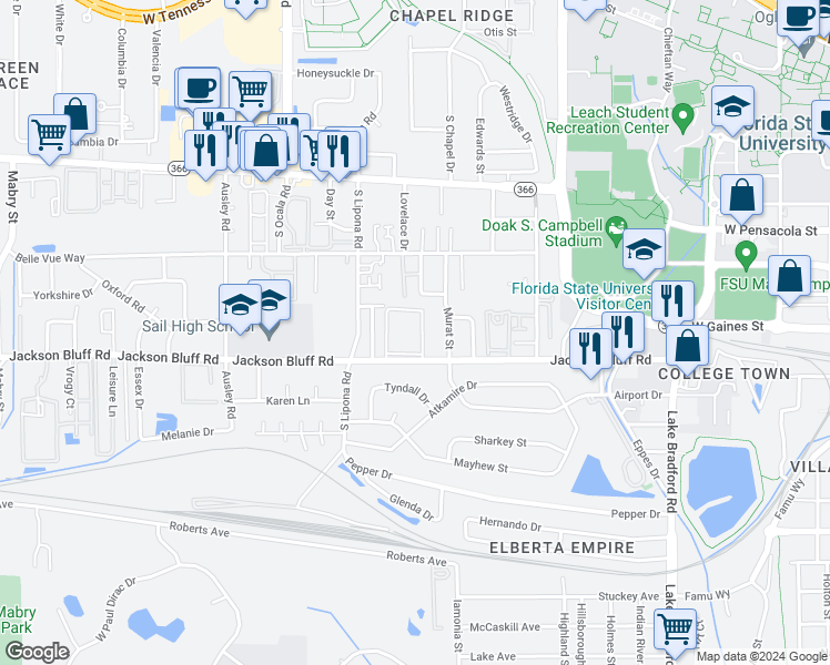 map of restaurants, bars, coffee shops, grocery stores, and more near 1832 Jackson Bluff Road in Tallahassee