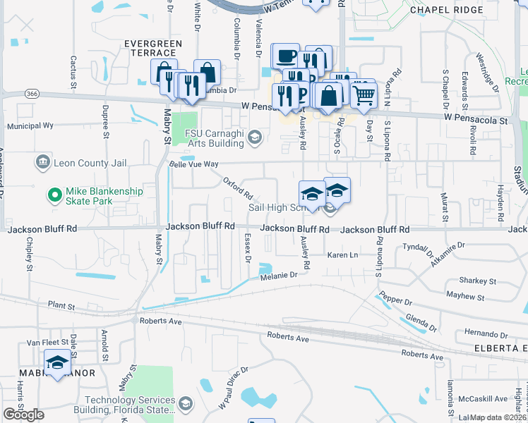 map of restaurants, bars, coffee shops, grocery stores, and more near 415 Essex Drive in Tallahassee