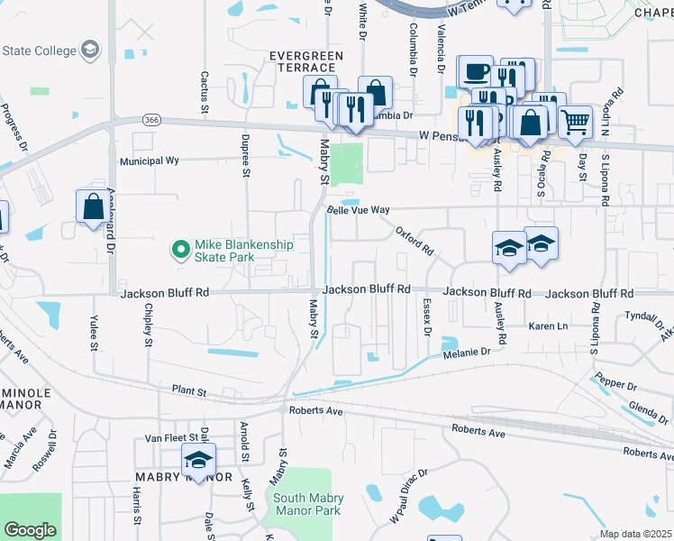 map of restaurants, bars, coffee shops, grocery stores, and more near 2416 Jackson Bluff Road in Tallahassee