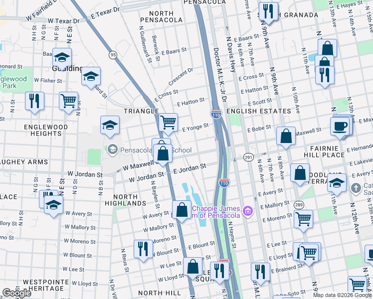 map of restaurants, bars, coffee shops, grocery stores, and more near 17 East Maxwell Street in Pensacola