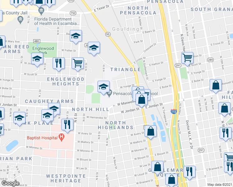 map of restaurants, bars, coffee shops, grocery stores, and more near 2303 North Spring Street in Pensacola