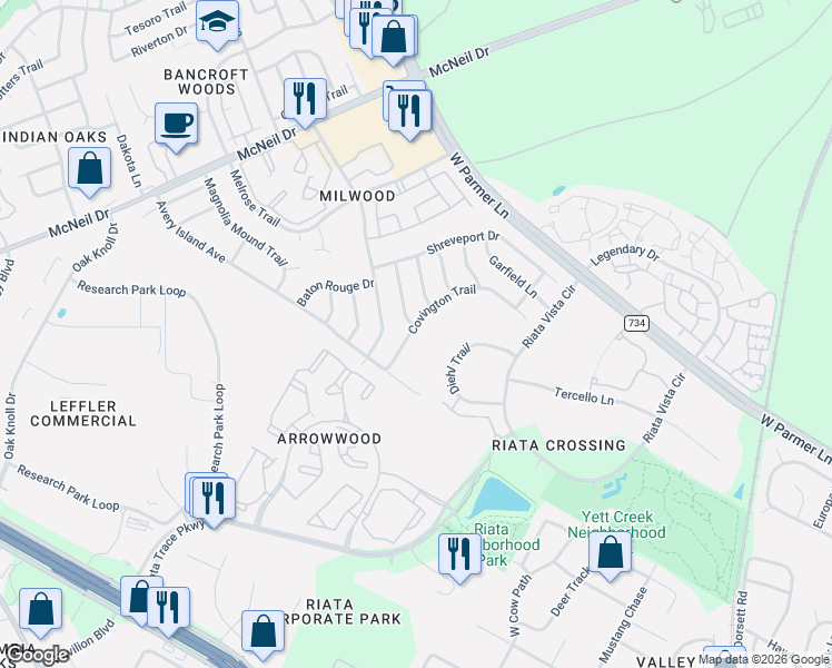 map of restaurants, bars, coffee shops, grocery stores, and more near 12712 Covington Trail in Austin