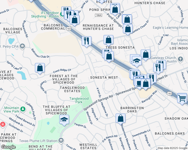 map of restaurants, bars, coffee shops, grocery stores, and more near 8413 Fathom Circle in Austin