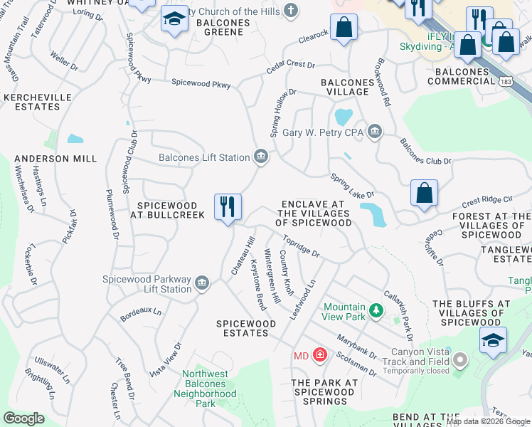 map of restaurants, bars, coffee shops, grocery stores, and more near 9506 Topridge Drive in Austin