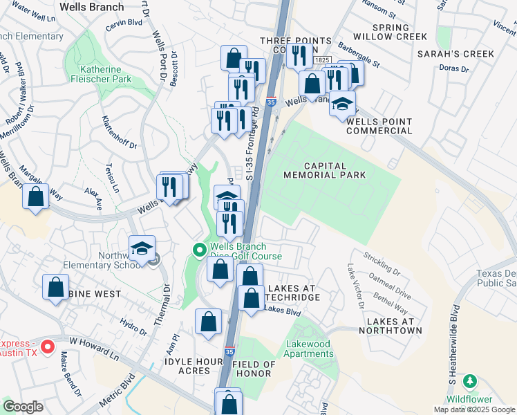 map of restaurants, bars, coffee shops, grocery stores, and more near 14437 North Interstate 35 Frontage Road in Austin