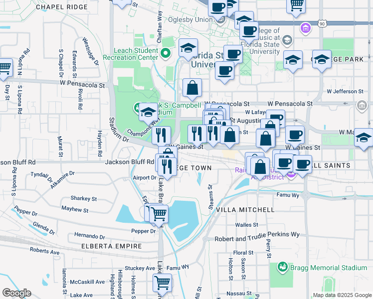 map of restaurants, bars, coffee shops, grocery stores, and more near 1119 West Gaines Street in Tallahassee