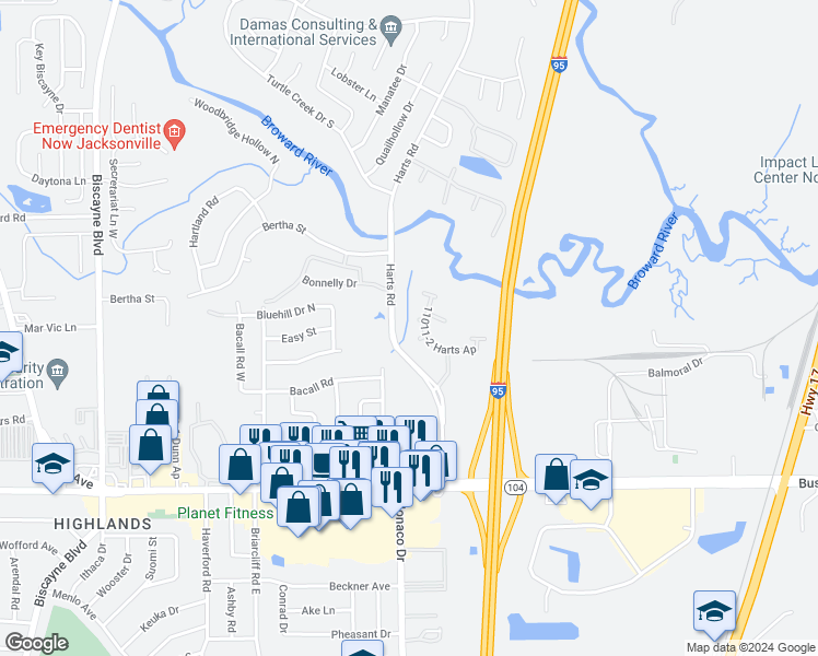 map of restaurants, bars, coffee shops, grocery stores, and more near 11055 Harts Road in Jacksonville