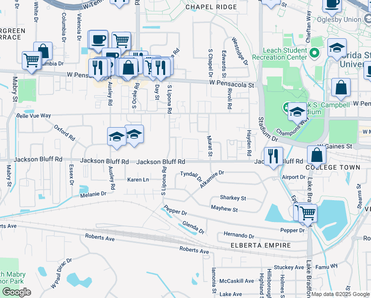map of restaurants, bars, coffee shops, grocery stores, and more near 1834 Jackson Bluff Road in Tallahassee