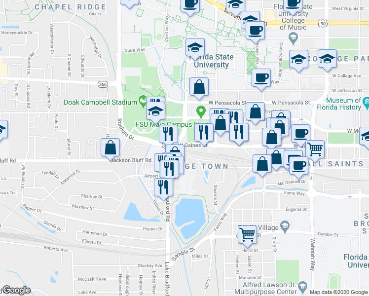 map of restaurants, bars, coffee shops, grocery stores, and more near 1119 West Gaines Street in Tallahassee