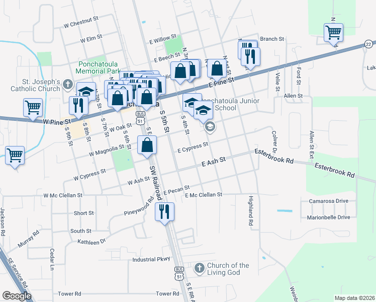 map of restaurants, bars, coffee shops, grocery stores, and more near 440 South 4th Street in Ponchatoula
