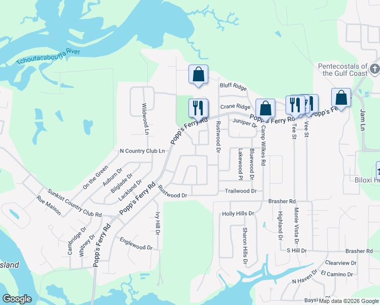 map of restaurants, bars, coffee shops, grocery stores, and more near 2159 Baywood Drive in Biloxi