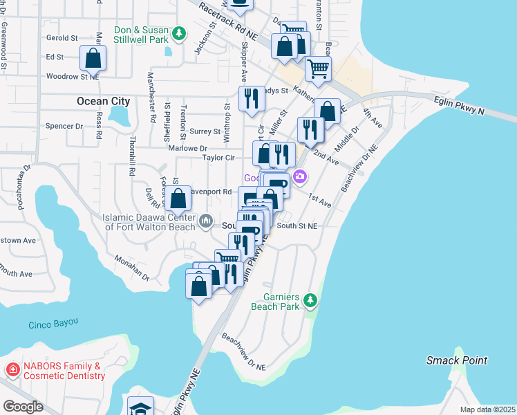 map of restaurants, bars, coffee shops, grocery stores, and more near 9 Eglin Street in Fort Walton Beach