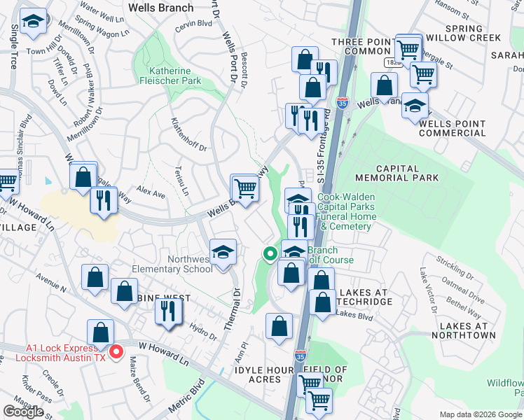 map of restaurants, bars, coffee shops, grocery stores, and more near 1773 Wells Branch Parkway in Austin