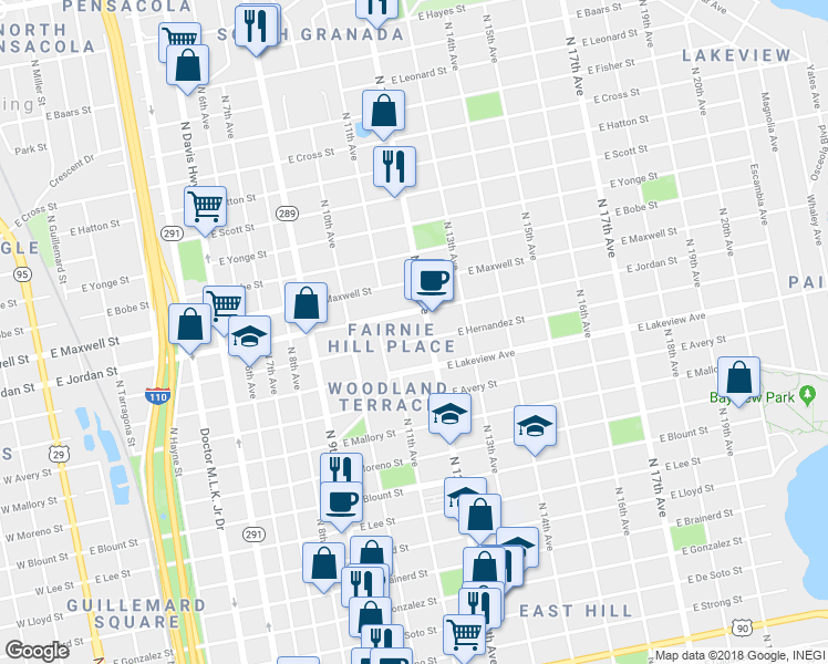 map of restaurants, bars, coffee shops, grocery stores, and more near 1120 East Hernandez Street in Pensacola