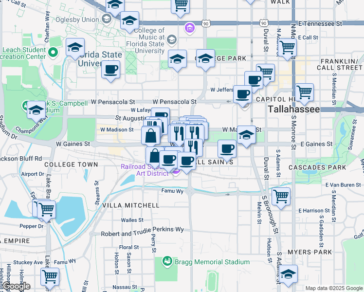 map of restaurants, bars, coffee shops, grocery stores, and more near 603 West Gaines Street in Tallahassee
