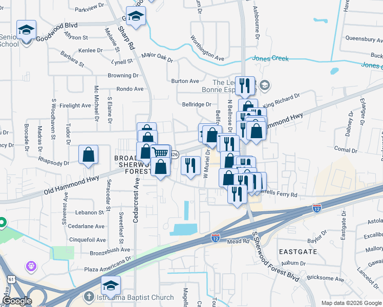 map of restaurants, bars, coffee shops, grocery stores, and more near 11025 Darius Drive in Baton Rouge