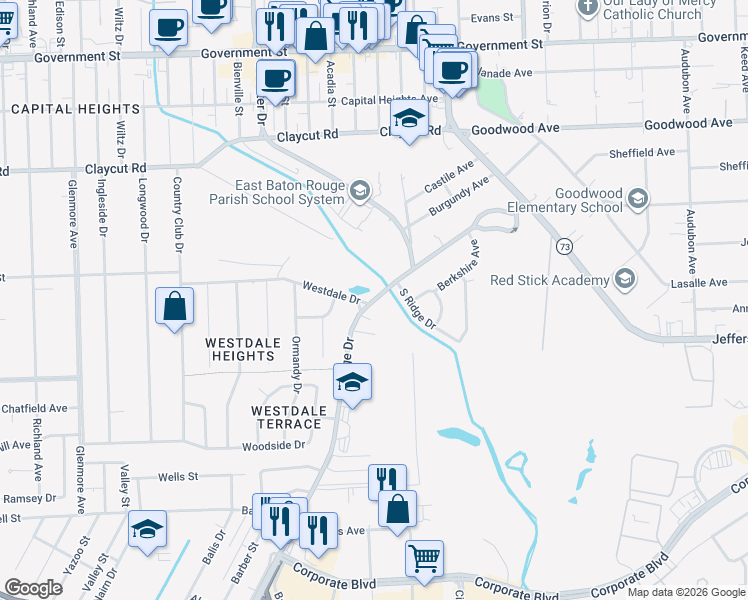 map of restaurants, bars, coffee shops, grocery stores, and more near 1579 College Drive in Baton Rouge