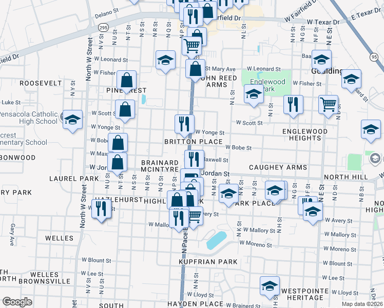 map of restaurants, bars, coffee shops, grocery stores, and more near 2202 North Pace Boulevard in Pensacola