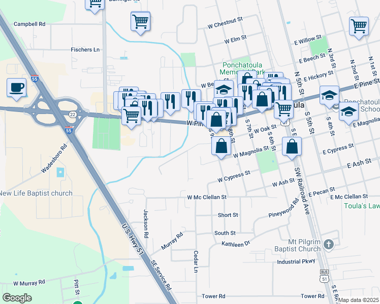 map of restaurants, bars, coffee shops, grocery stores, and more near 584 West Magnolia Street in Ponchatoula