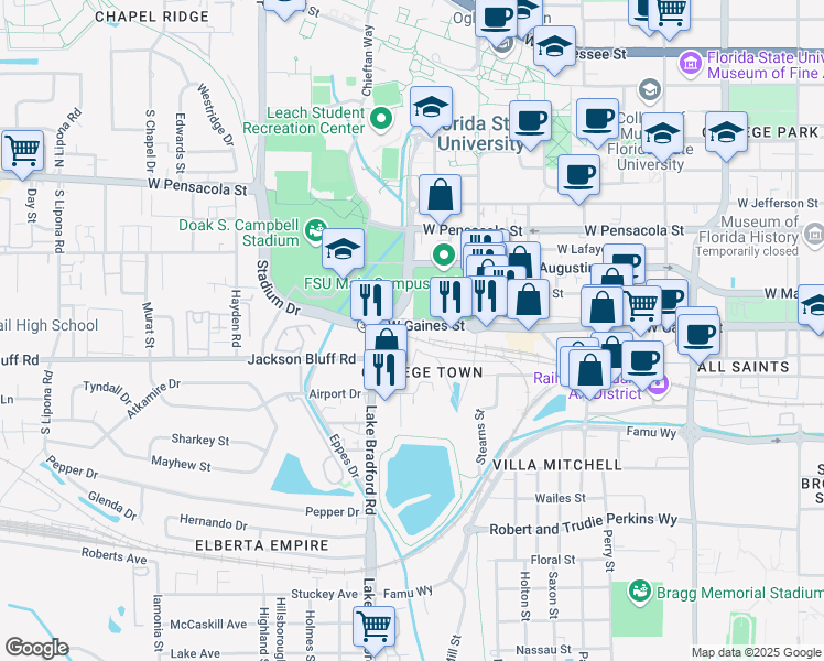 map of restaurants, bars, coffee shops, grocery stores, and more near 600 West College Avenue in Tallahassee