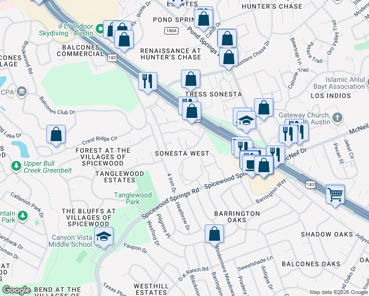 map of restaurants, bars, coffee shops, grocery stores, and more near 8600 Fathom Circle in Austin
