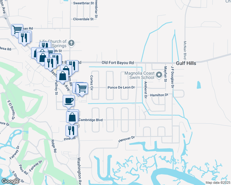 map of restaurants, bars, coffee shops, grocery stores, and more near 6560 Columbus Circle in Ocean Springs