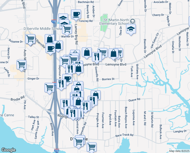 map of restaurants, bars, coffee shops, grocery stores, and more near 10281 Gorenflo Road in D'Iberville