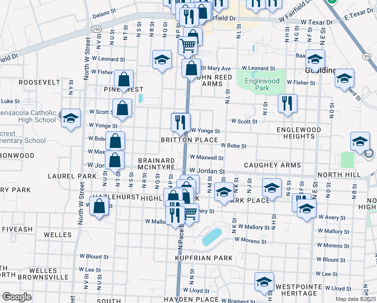 map of restaurants, bars, coffee shops, grocery stores, and more near 2202 North Pace Boulevard in Pensacola