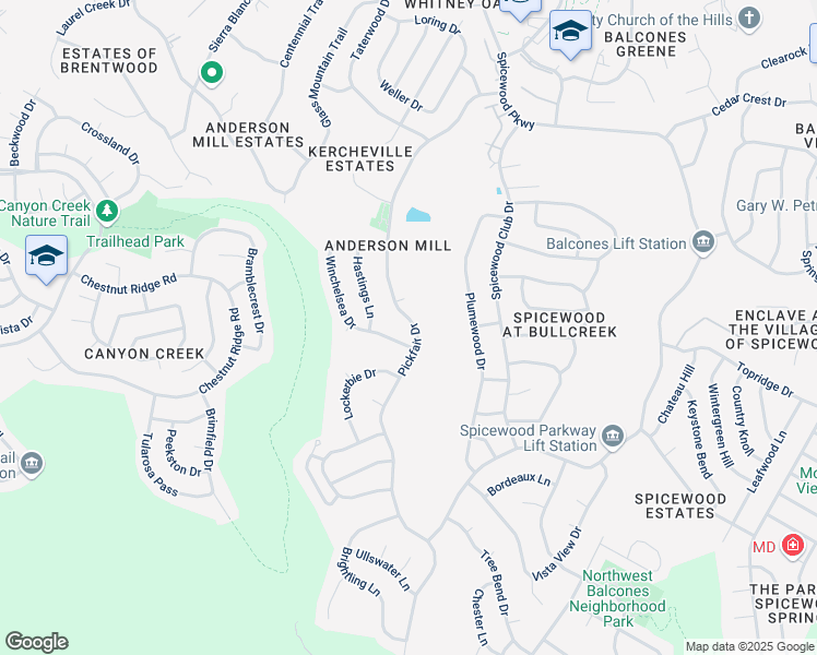 map of restaurants, bars, coffee shops, grocery stores, and more near 10603 Winchelsea Drive in Austin