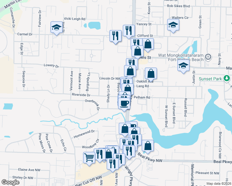 map of restaurants, bars, coffee shops, grocery stores, and more near 106 Duloft Street in Fort Walton Beach