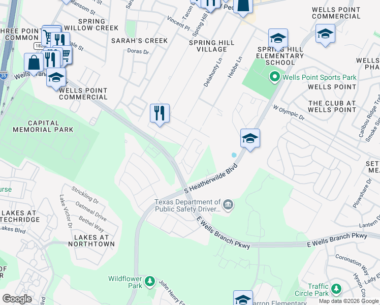 map of restaurants, bars, coffee shops, grocery stores, and more near 15001 Strathaven Pass in Pflugerville
