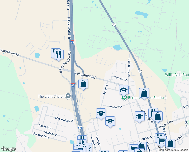map of restaurants, bars, coffee shops, grocery stores, and more near 314 Longstreet Road in Willis
