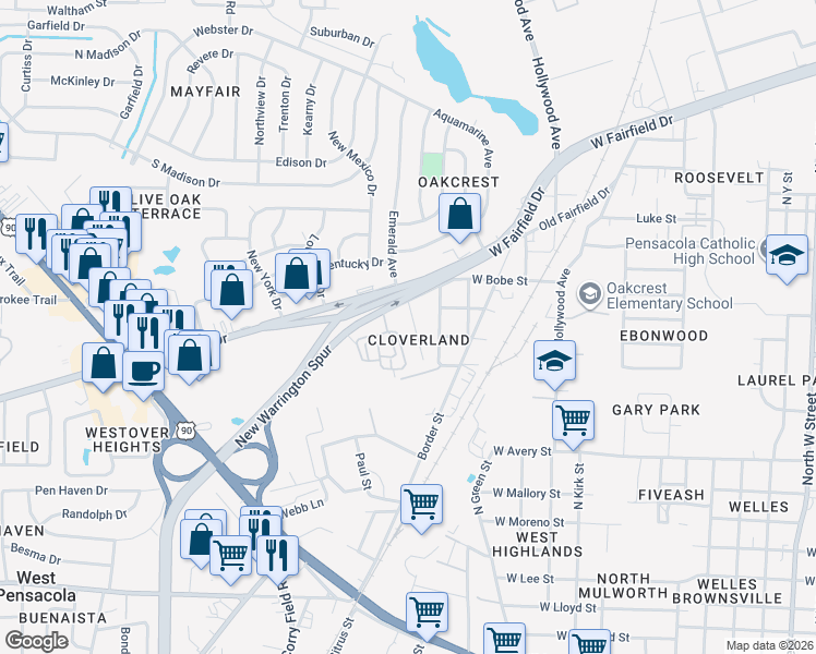 map of restaurants, bars, coffee shops, grocery stores, and more near 4003 West Bobe Street in Pensacola