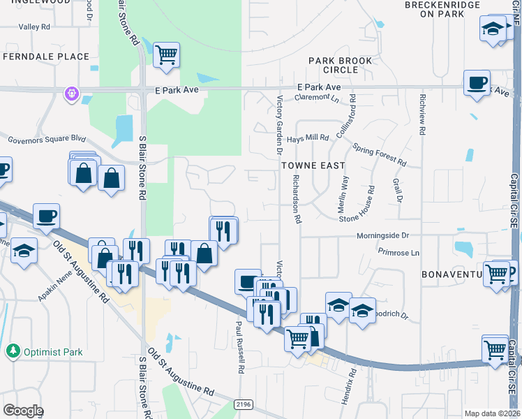 map of restaurants, bars, coffee shops, grocery stores, and more near 2310 Tina Drive in Tallahassee