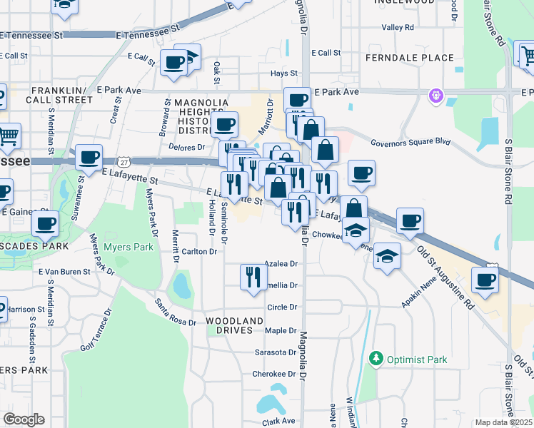 map of restaurants, bars, coffee shops, grocery stores, and more near 1211 East Lafayette Street in Tallahassee