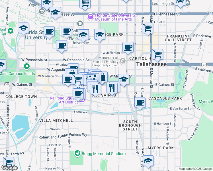 map of restaurants, bars, coffee shops, grocery stores, and more near 805 South Macomb Street in Tallahassee