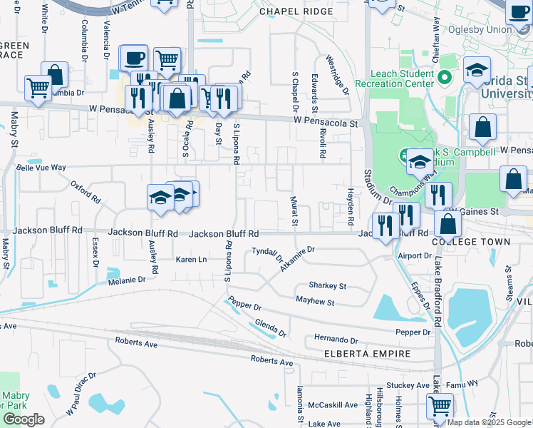 map of restaurants, bars, coffee shops, grocery stores, and more near 1832 Jackson Bluff Road in Tallahassee