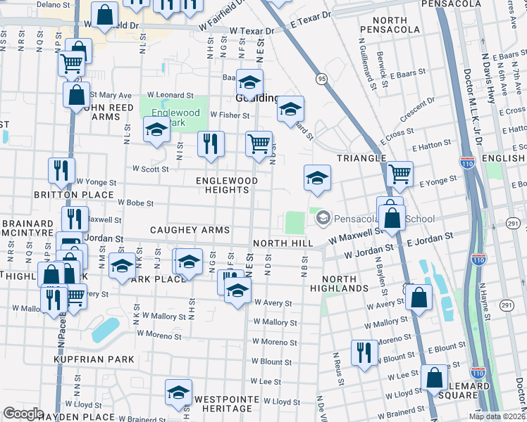 map of restaurants, bars, coffee shops, grocery stores, and more near 2200-2298 North D Street in Pensacola
