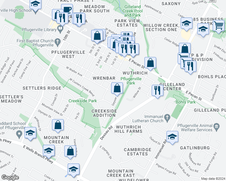 map of restaurants, bars, coffee shops, grocery stores, and more near 506 Geyser Avenue in Pflugerville