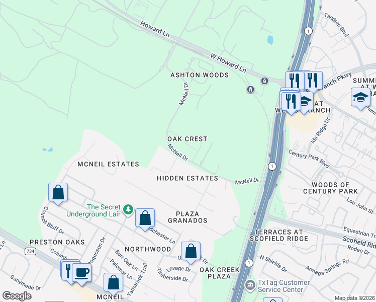 map of restaurants, bars, coffee shops, grocery stores, and more near 3910 McNeil Drive in Austin