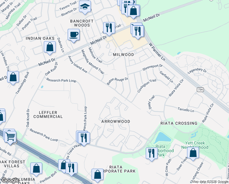map of restaurants, bars, coffee shops, grocery stores, and more near 12370 Alameda Trace Circle in Austin