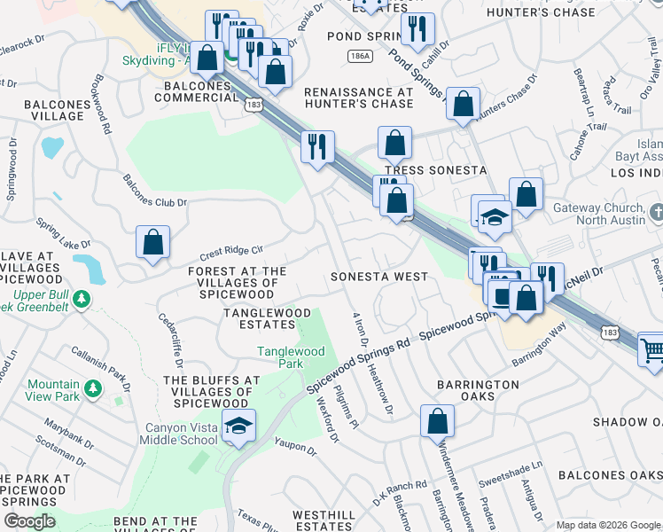 map of restaurants, bars, coffee shops, grocery stores, and more near 11706 Kings View Court in Austin