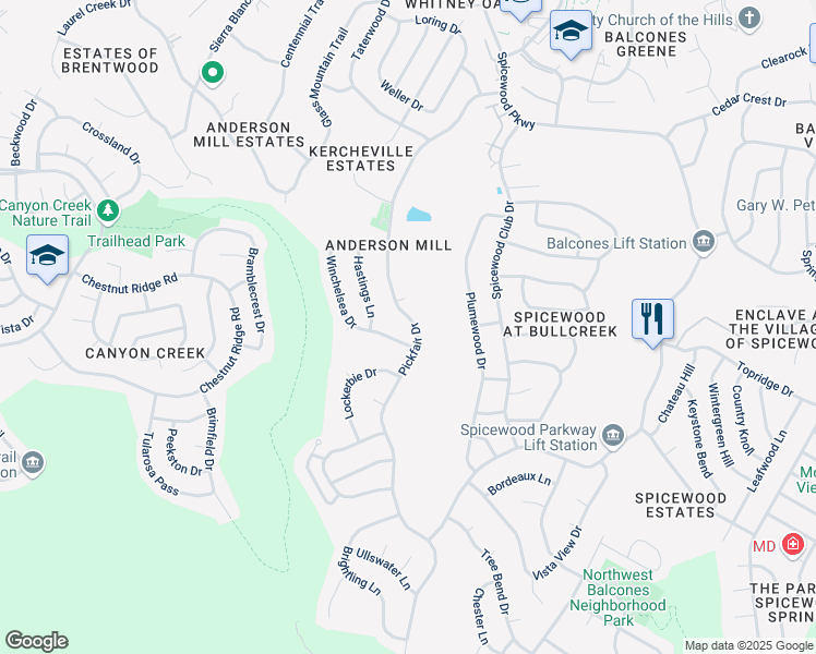 map of restaurants, bars, coffee shops, grocery stores, and more near 10603 Winchelsea Drive in Austin