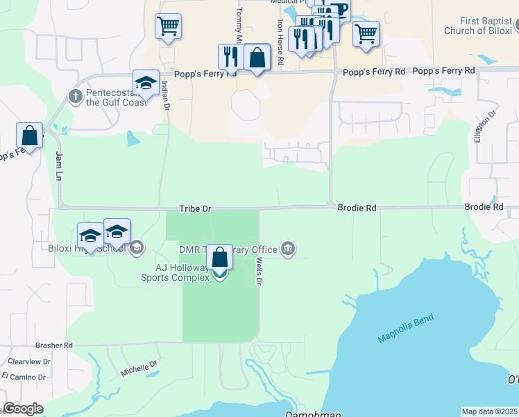 map of restaurants, bars, coffee shops, grocery stores, and more near 1845 Richard Drive in Biloxi