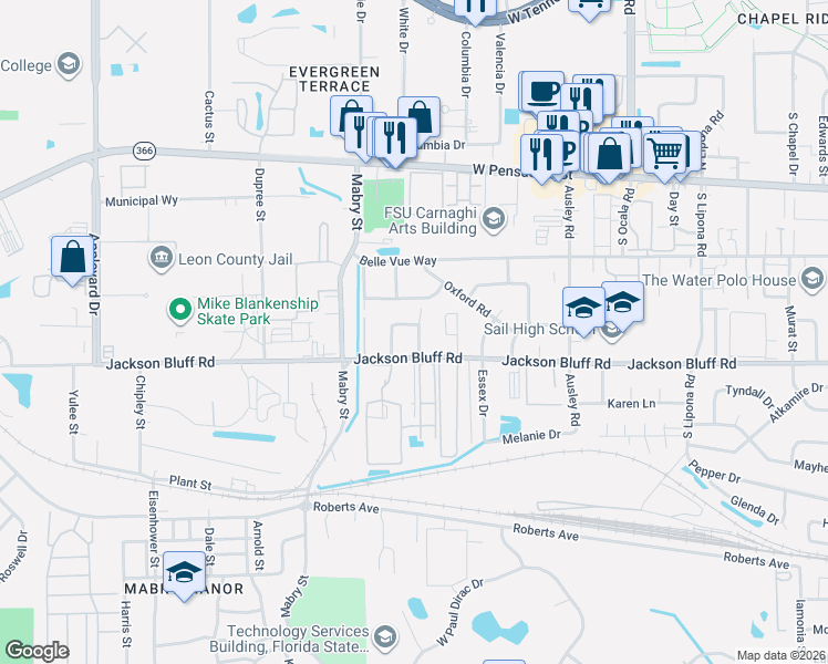 map of restaurants, bars, coffee shops, grocery stores, and more near 238 Midflow Street in Tallahassee