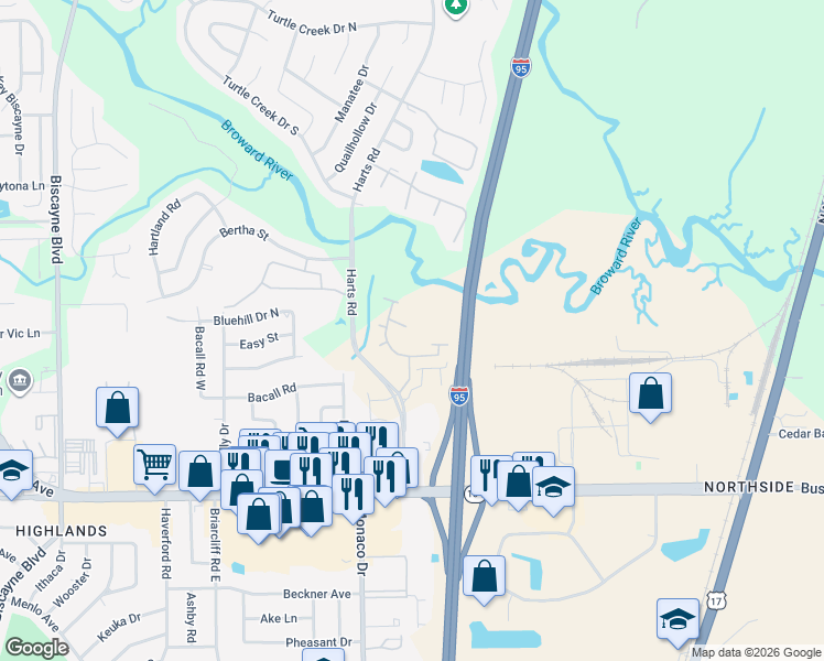 map of restaurants, bars, coffee shops, grocery stores, and more near 11011 Harts Road in Jacksonville